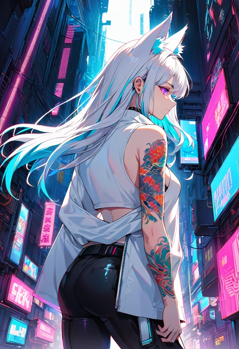 1woman, long white hair with pink and cyan tips,Muticolored hair, fox ears, purple eyes, wearing a white coat, wearing black pants, wearing white undershirt, tattoos on arms,  colorful koi tattoos, showing body, medium breasts, cyberpunk, profile picture perspective, neon, loose hair