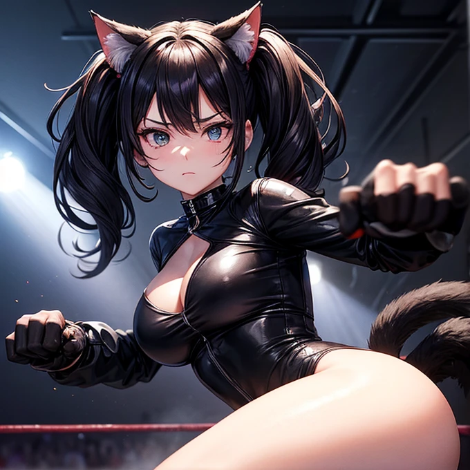 she is wearing black clothes, High Cut Bodysuit.A woman doing professional wrestling It has cat ears and a tail... Twin tails Open Finger Gloves Fighting in the ring