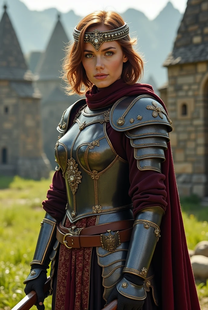 A beautiful princess with short chestnut colored hair and light brown eyes, wearing a maroon and black armor with gold linings together with her headdress made with diamonds, holding her 2 claymore, standing at the training grounds of the white kingdom.