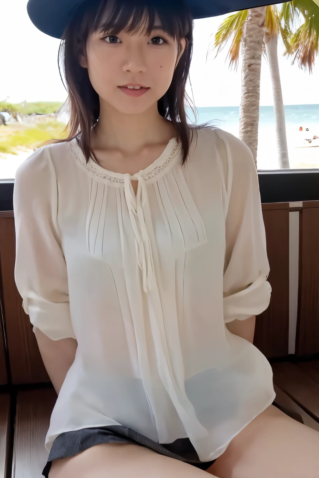 8k, highest quality, masterpiece, pornography, super high resolution, RAW Photos, One Girl, a skinny Japanese woman, 30 years old, thin waist, slender legs, sitting on the beach, (spreading legs wide: 1.4), a black hair, (wearing a white blouse next to the skin: 1.4), wearing a gray pleated skirt, anatomically correct body, (cute face, detailed face, detailed eyes),
