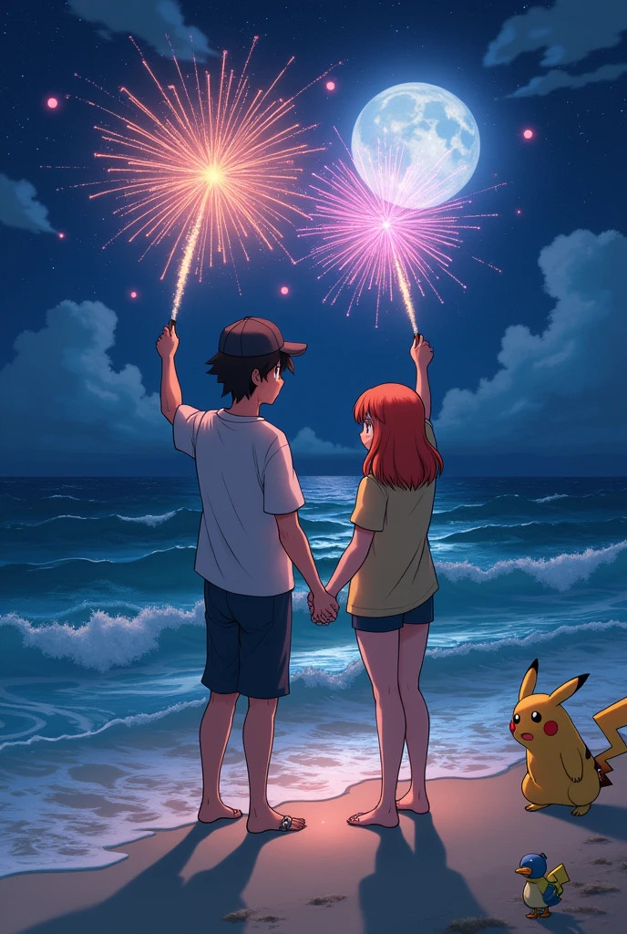 Draw a picture of Ash and Misty as adults on the beach at night holding fireworks as a couple.
Let her have her orange and short hair.
He has his black hair and a black cap.
Misty is wearing Ash's shirt over her shoulders.
Add Pikachu playing with Psyduck.