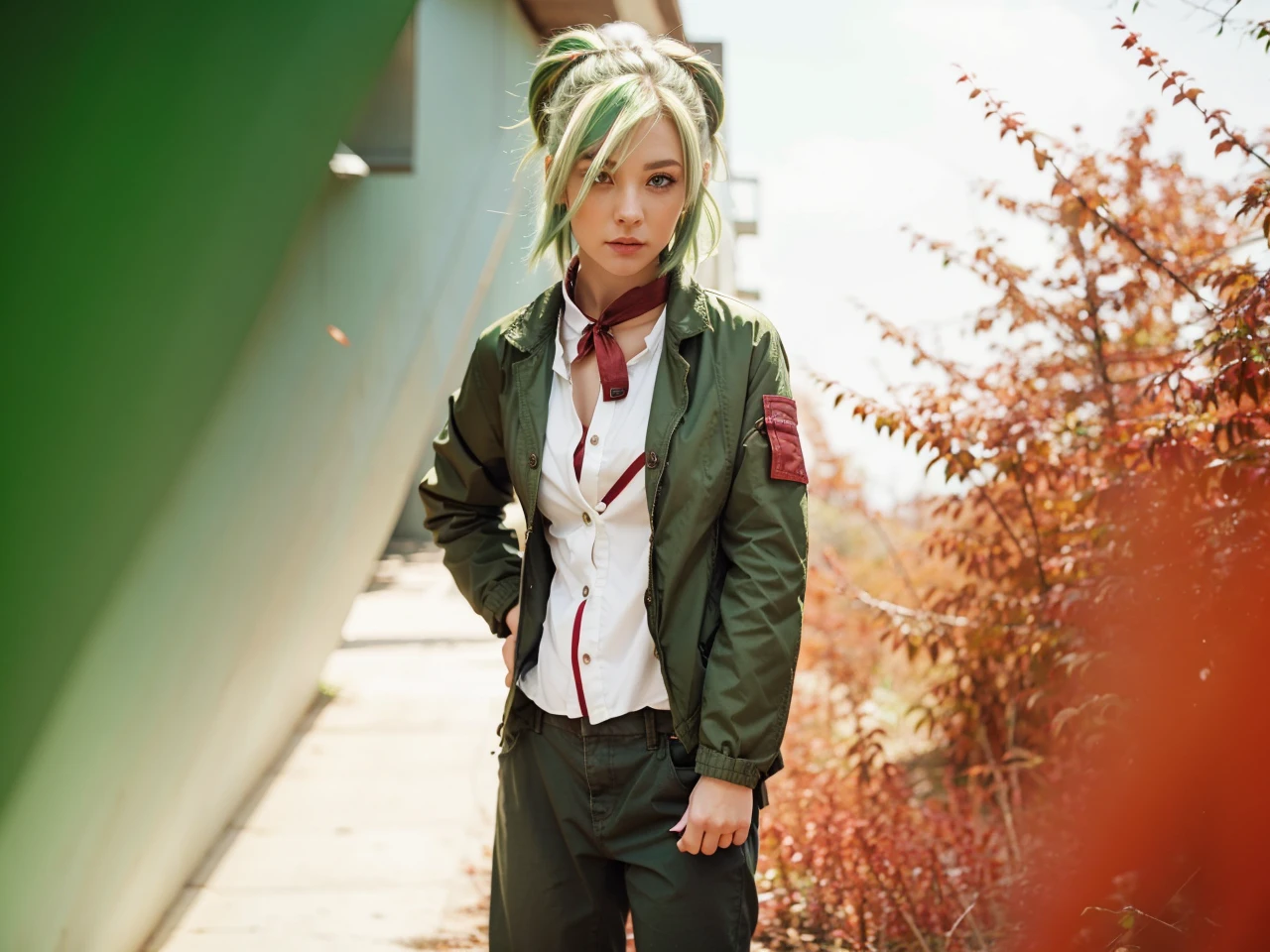 female, green eyes, green hair, White and red, Brown jacket, white button down shirt 