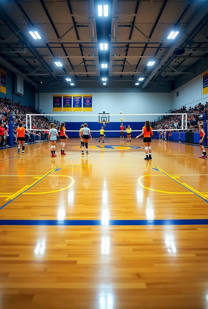 Create a photo of an indoor volleyball court with good lighting
