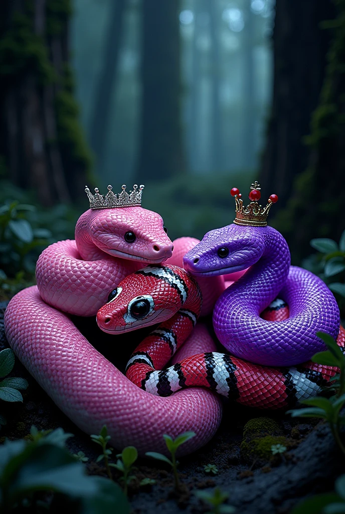 three boa constrictor, like LOLA BOA from Brandy & Mr. Whisker, together like Regina, Karen and Gretchen from MEAN GIRLS.

One boa baby pink with a princess tiara. 

the other boa Dynamite red white and black with black neorave sunglasses.

the other boa neon purple with a queen crown, together in a black forest.