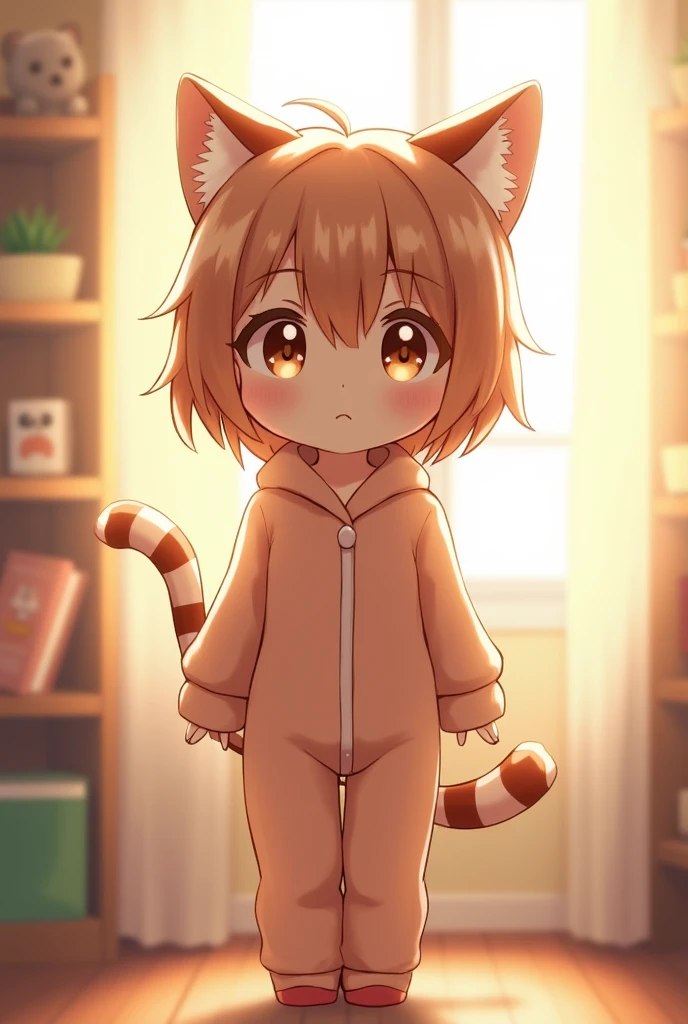 standing facing forward。
Large pupils。human-like body。Cat ears。。Adorable face。
A fluffy, large tail。
pajama outfit。Glossy texture。
The background is a soft, sunlit room。