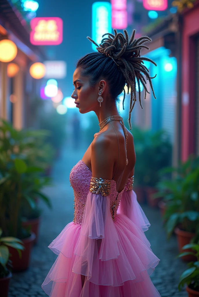 Cyberpunk retrofuturistic biofashion bioclothing mixing amazonic indigenous Tribal traits and Belenense aristocracy style of the Belle epoque of Pará. Delicate tulle fabric in pastel colors