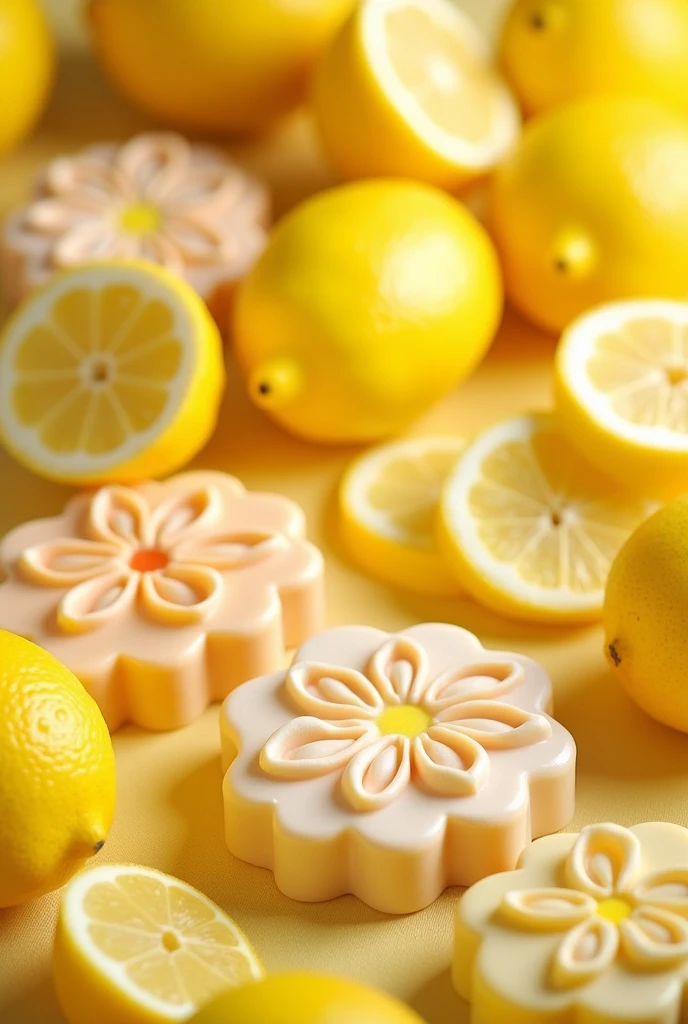 Background with images of lemons and handmade soaps 