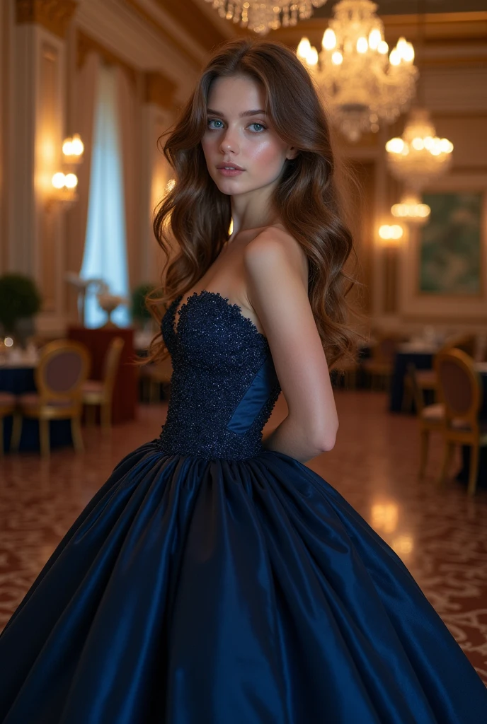 Create an anime-style drawing of a 19-year-old girl, with loose hair at butt level in light brown color, wavy, blue-eyed,. She is wearing a dark blue ball gown and black high heels.