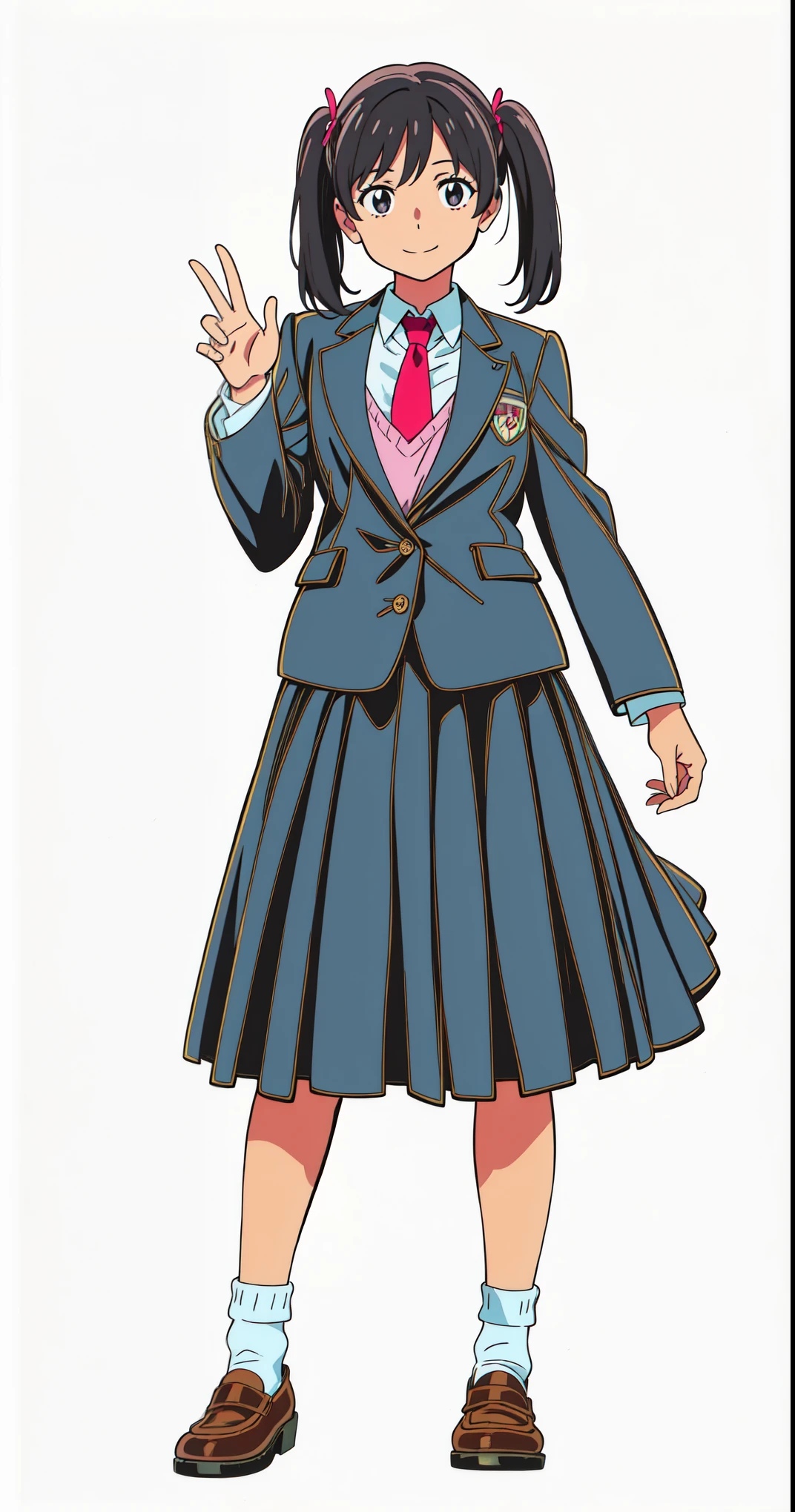 (wind:1.0), (skirt swinging:1.0), (white background:1.0), (best quality:1.0), (masterpiece:1.0), (super fine illustration:1.0), (beautiful artwork:1.0), (anime screencap:1.0), (official art:1.0), (full body:1.0), (solo:1.0), (a 17yo cute girl:1.0), (long skirt:1.0), (dark blue skirt:1.0), (pleated skirt:1.0), (school uniform dark blue blazer:1.0), (red necktie:1.0), (pink knit vest:1.0), (black loafers:1.0), (white socks:1.0), (ideal ratio body proportions:1.0), (lanky:1.0), (tall:1.0), (slender:1.0), (small breasts:1.0), (smaller face:1.0), (smile:1.0), (cheerful:1.0), (detailed beautiful eyes:1.0), (detailed beautiful face:1.0), (glowing black eyes:1.0), (short hair:1.0), (twin tails:1.0), (swept bangs:1.0), (black hair:1.0), (standing:1.0), (looking at viewer:1.25)
