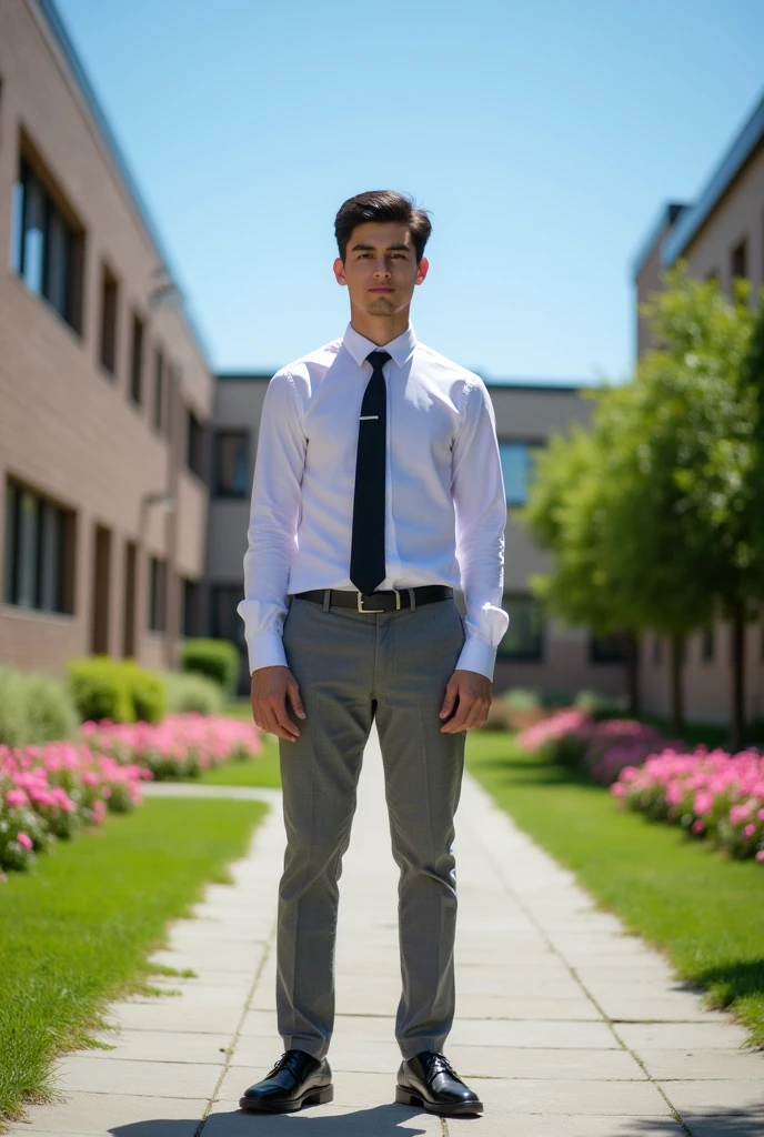 male student wearing a long-sleeved shirt, hands at the sides, black tie, Gray pants, black shoes and standing in a courtyard at his school