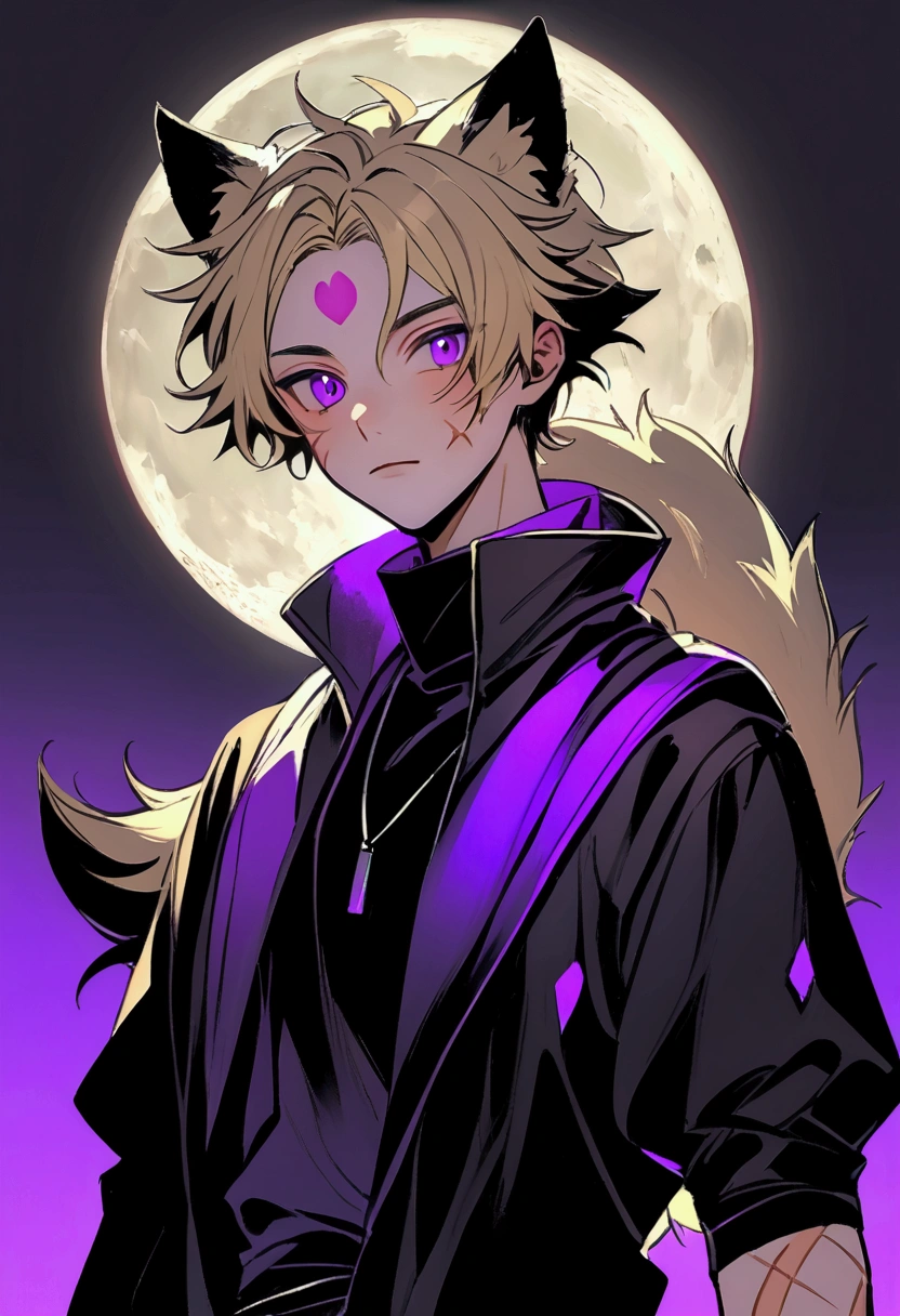 Young adult with small scars on his face, short messy blonde hair, dark purple eyes and a moon-shaped mark on his forehead, simple dark-colored clothes, wolf ears and tail
