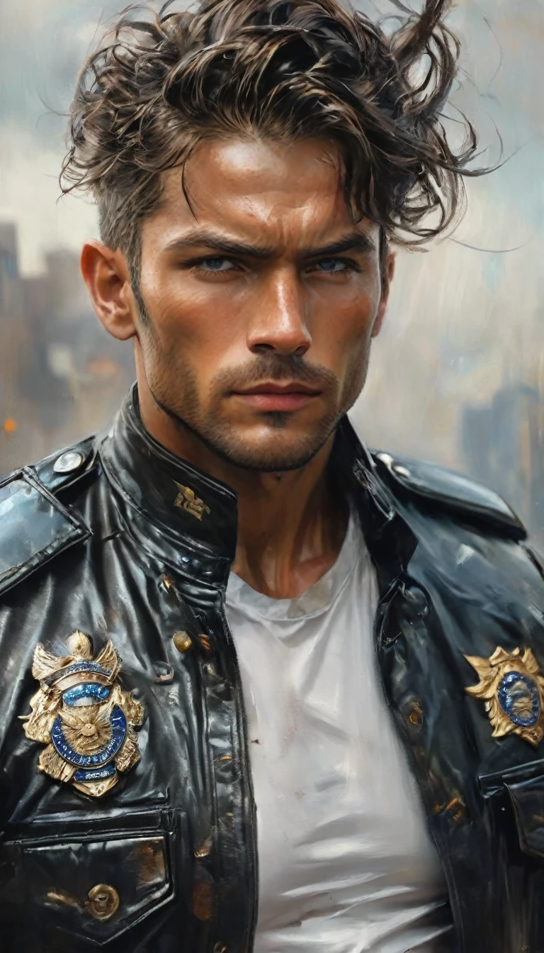 realism:1.3,( fotorrealism, 8ก, RAW photos, Premium Quality, Masterpiece, great light. close up, The picture in the middle), (ahead),((1 Handsome and muscular young man, police uniform, Fully detailed face and torso, (ahead), For a heavy metal magazine cover, dynamic gesture, Beautiful and detailed hair, Leather Clothing))