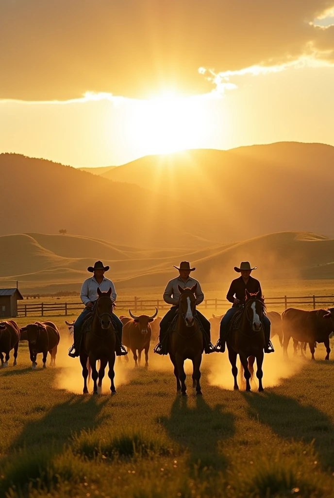 Cattle ranches with bulls and cows and riders facing forward