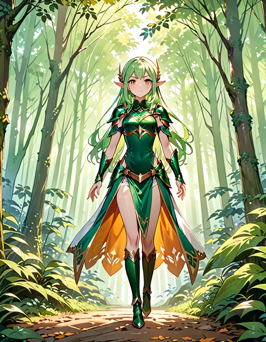 (((Masterpiece, best quality, 16k))) female character with long green hair and amber eyes. She wears an elven armor in green, silver, and white. wields a longbow with intricate carvings. The character has a calm expression, with a lush forest as the background. ((full body front view)). ((slender)), (extremely detailed:1.5), (long green hair:1.2), (amber eyes:1.2), (lush forest:1.1), (elven armor:1.3), (longbow:1.3).