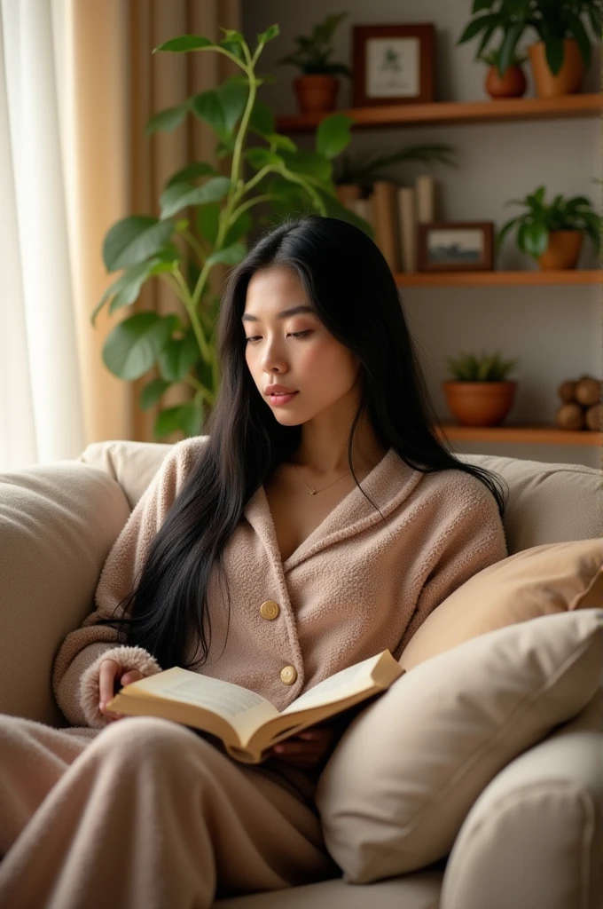 Create a female character with black hair ,in their house and make it look realistic