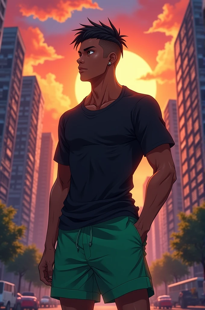 Black anime man, Cao Cao, with freckles on his face, black shirt and green shorts, male short low fade hair