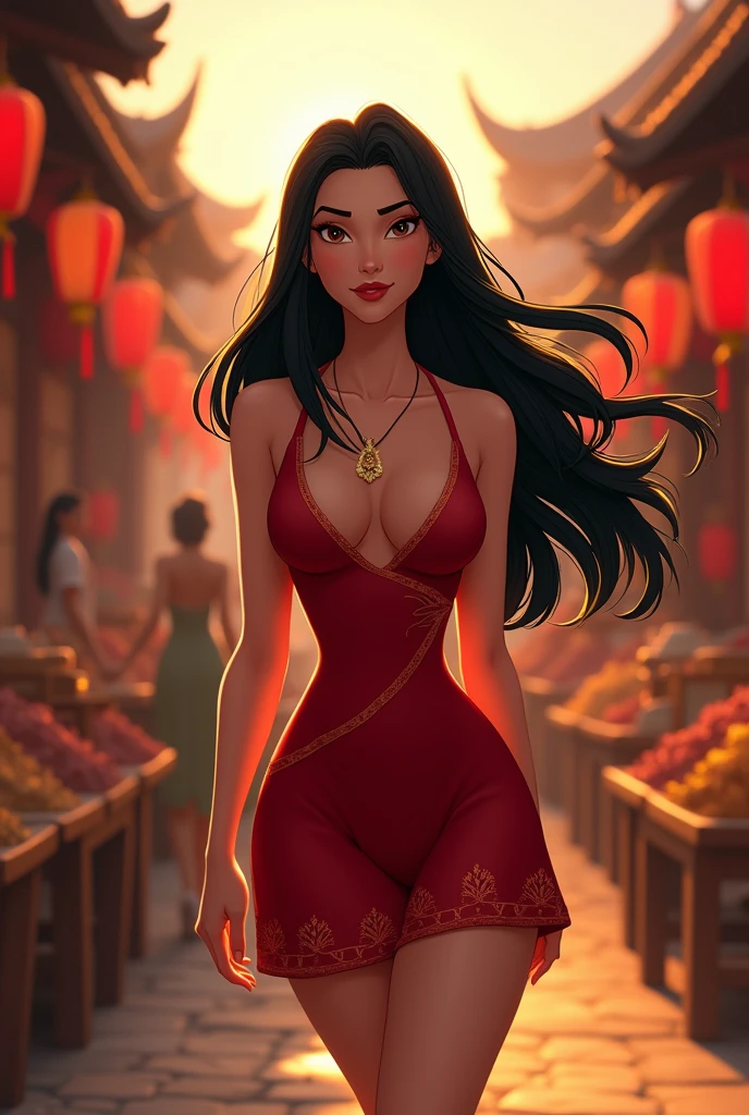 Imagine Mulan, by the brunette, tight and short red dress with a low neckline , as a real woman 
