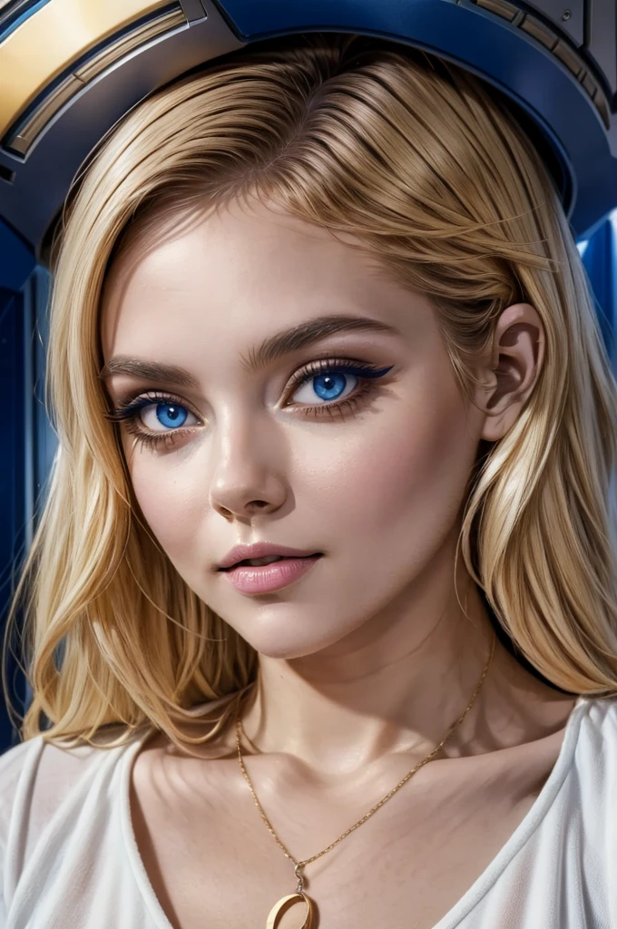 Young blonde anime girl, aesthetic body, dark blue eyes, with white clothes with blue details, In a spaceship, with golden necklace