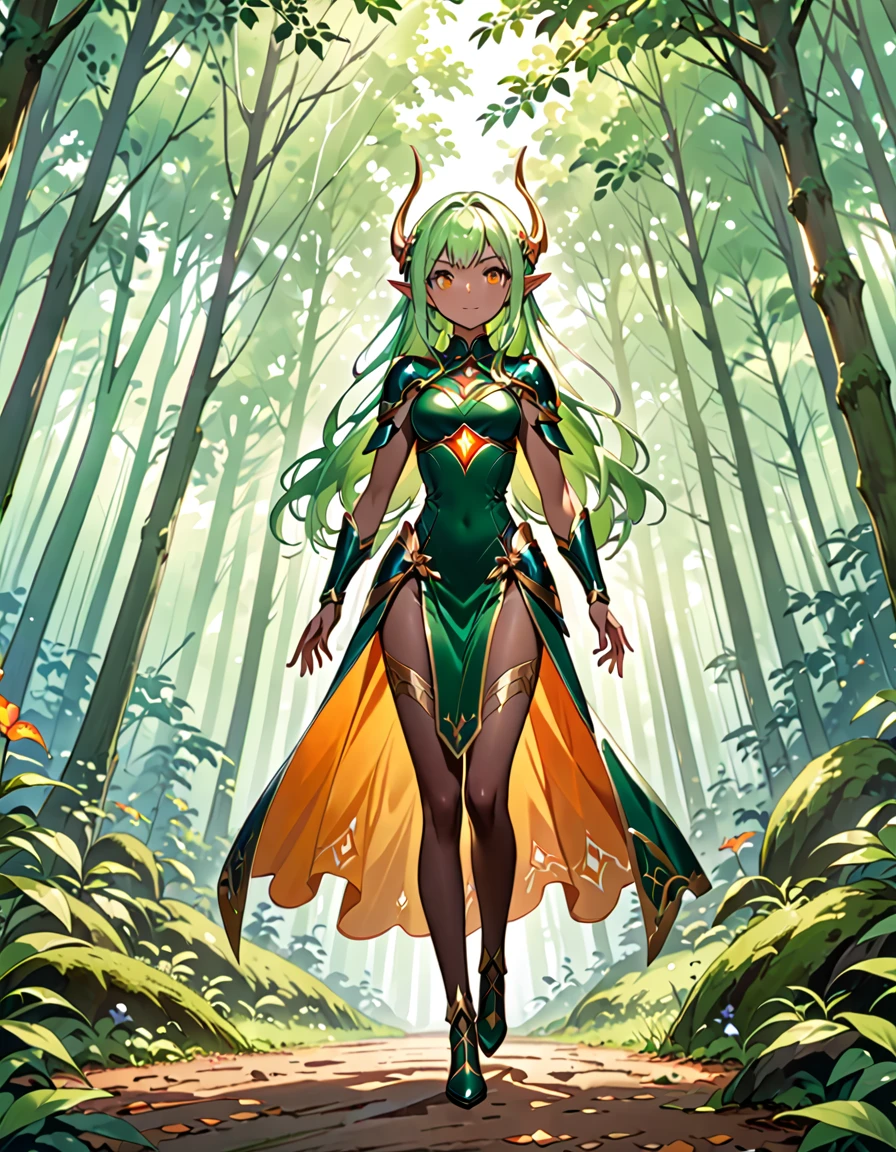 (((Masterpiece, best quality, 16k))) female character with long green hair and amber eyes. She wears an elven armor in green, silver, and white. wields a longbow with intricate carvings. The character has a calm expression, with a lush forest as the background. ((full body front view)). ((slender)), (extremely detailed:1.5), (long green hair:1.2), (amber eyes:1.2), (lush forest:1.1), (elven armor:1.3), (longbow:1.3),(devil:1.3), (pure black skin:1.3), (dynamic angle:1.2).