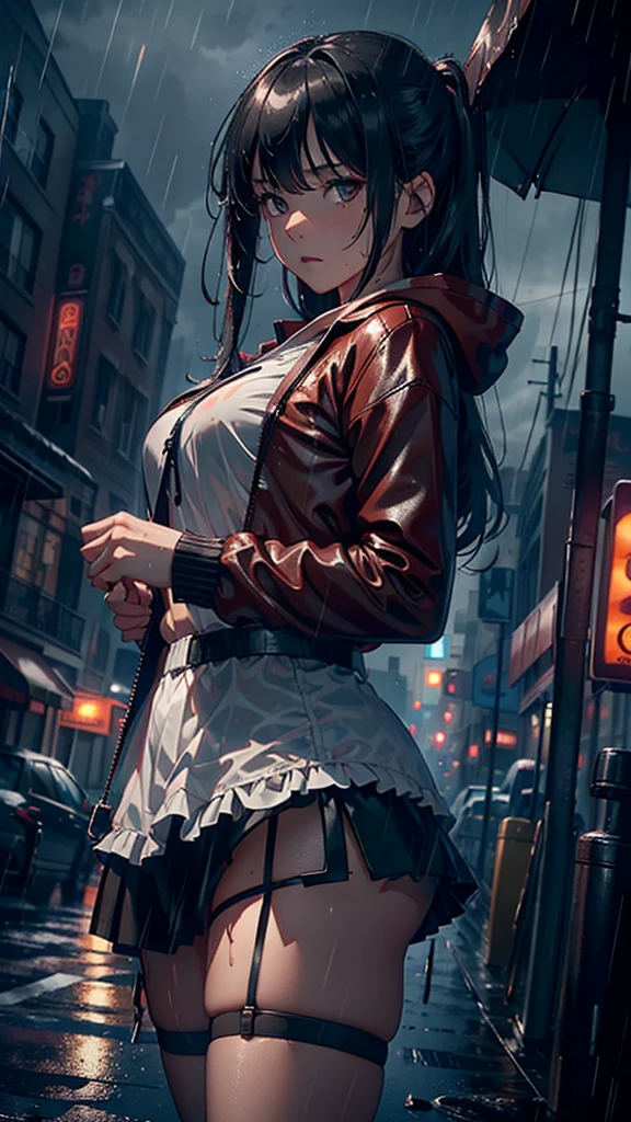 8k,tmasterpiece,Best quality,hyper-detailing,realistically,realistically,Extremely detailed face,Movie Lighting,Movie Lighting,ray traycing,unlit hair, On cloudy streets,Corner store,Bus stop,Buoggy and heavy rain,Girl with long black hair and black eyes.。She is wearing a red hooded jacket,White color blouse,Short black skirt and black garter belt,Clothes soaked by rain,Black exposure,depth of fieldtent ),Cinema lens lighting