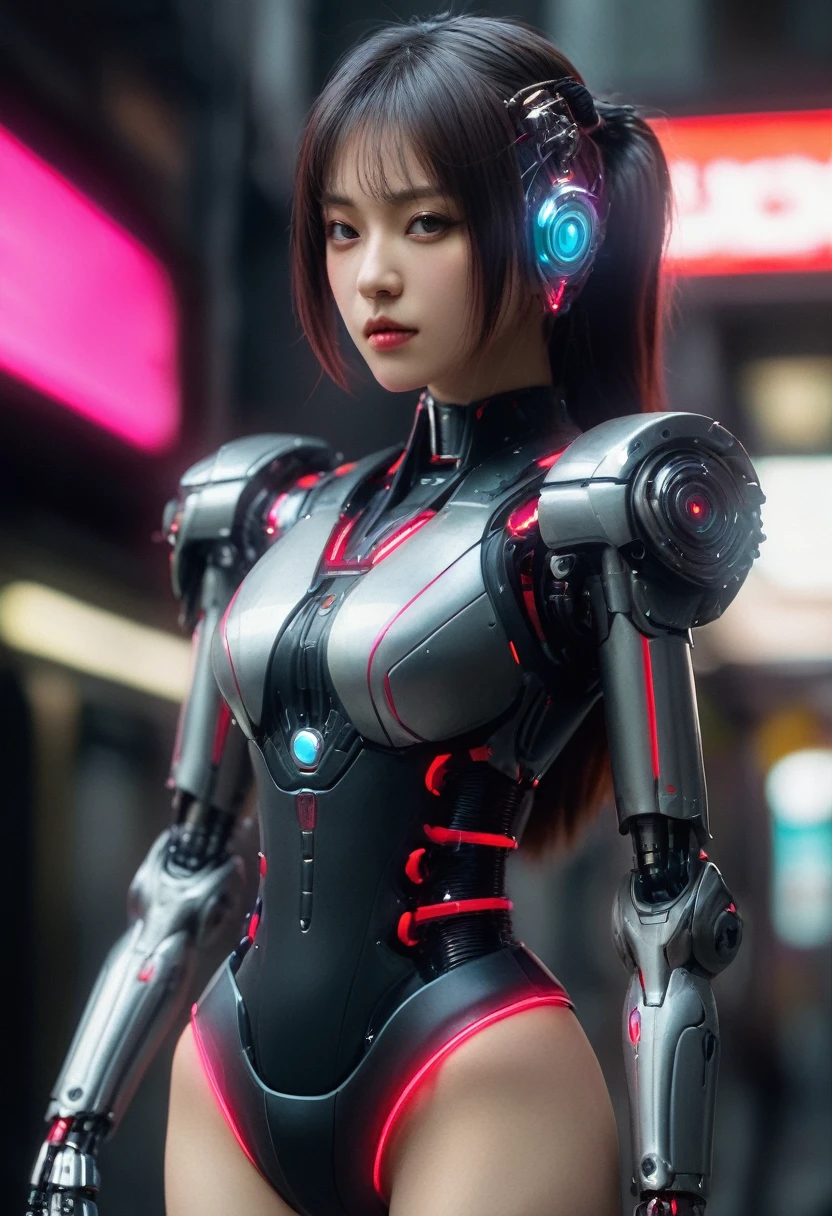 xxmixgirl. Highly detailed professional 35mm film, bokeh, face in sharp focus. A robotic female, Miku, with ((metal skin)), ((perfect Asian eyes)) with magenta irises and ((black pupils)), beautiful serious (detailed face), 18 year old ((photorealistic face)), very long magenta twin tails of magenta hair, twin black hair ties with a single red stripe. She may have a black audio headpiece. We can see her ((full body)) down to her boot soles. Her outfit is a sleeveless collared light grey shirt, outlined in red around the frilled collar and hems. Shiny reflective ((metallic breast cups, dimpleless)), invisible nipples. She wears black sleeves with red hems that start around her upper arm and bellow out as the sleeves open and extend to her wrists, with wide trumpet red rimmed cuffs. She has perfect robotic (detailed hands). She wears a red colored tie with two horizontal solid parallel black lines halfway across. She wears a fabric black skirt with a horizontal red hem at the bottom all the way around; her (((black skirt wraps around her))) and ((her skirt completely covers)) her robotic waist and thighs. Tall black boots with red bottom soles, a red rim around the top at her thighs. Her mechanical shoulder joints are visible. We can see her robotic legs and robotic neck. Half of her is covered with shiny polished machinery. The background is a distant dark neon futuristic Japanese city, gold, cyan, violet neon, near harbor or mountains.