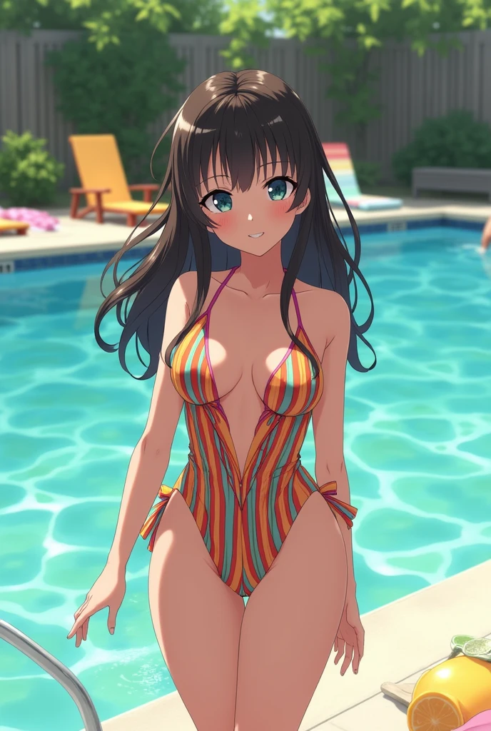 1 lady, solo, ultra HD quality, detailed beautiful face, (sitting on ground with hands back:),  (open legs to limit, one knee up:), (Large breasts), (cleavage), smile, (thin thighs:1.5),(tiny microbikini swimsuit), poolside, at night, (Green detailed eyes), 