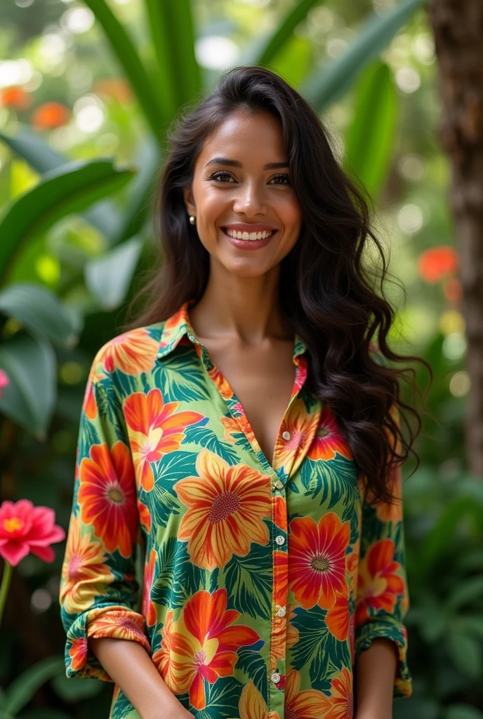 A Brazilian woman in a lush tropical garden, wearing an open shirt with a floral print, with a close-up capturing the harmonious beauty between her breasts and the natural flowers, showing off your natural charm and outgoing personality.