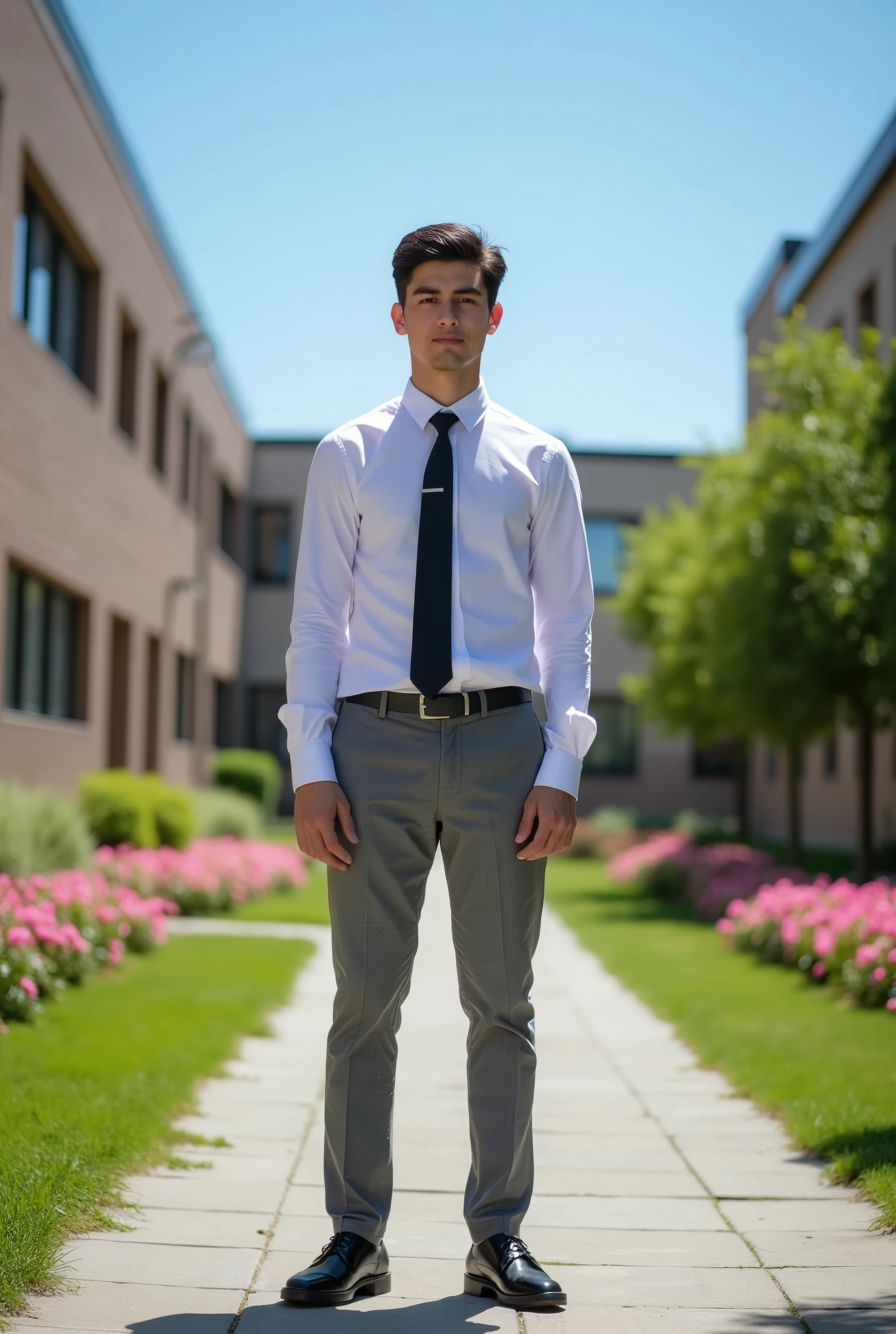 male student wearing a long-sleeved shirt, hands at the sides, black tie, Gray pants, black shoes and standing in a courtyard at his school