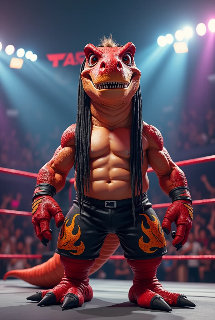 Cartoon t-rex dressed like wrestler Booker t with long black braids in hair, shirtless, wearing black outfit ordained with flames 