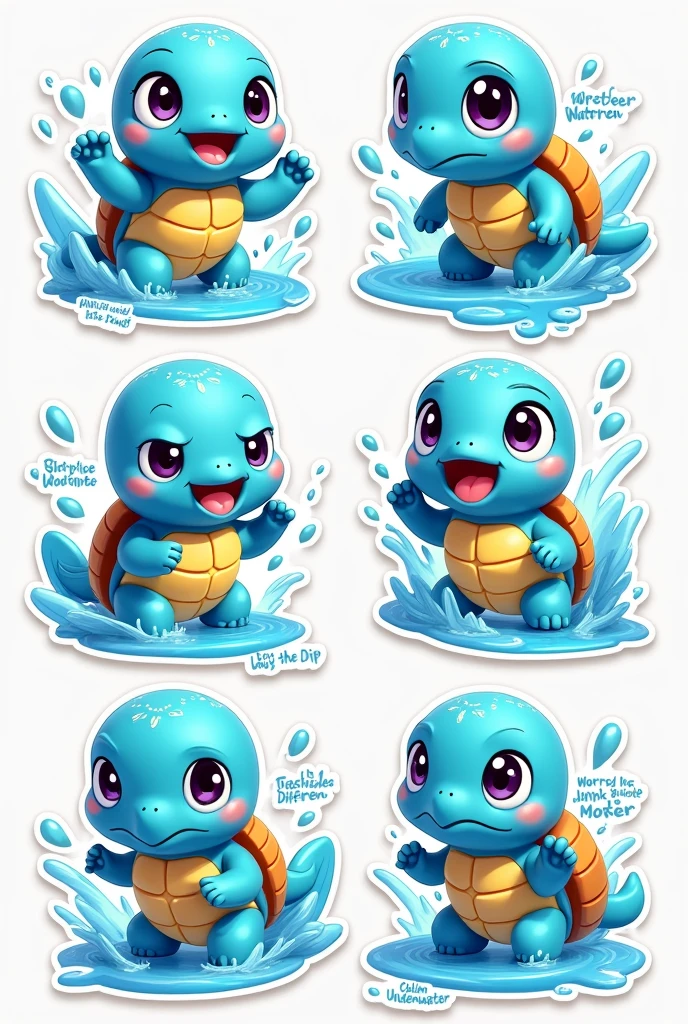 Design a set of 3D stylized stickers for the SOLMON - Solana Monsters series, focused on the Water Element characters.
Each sticker should feature a SOLMON character depicted in a cute, chibi-style with big, expressive eyes and exaggerated features. The characters should be vibrant and playful, with glowing accents and small details like waves, bubbles, or water splashes depending on their type. Aqua (Water Turtle):
Happy (broad smile, water splashing around, text: "Liquid Gold")
Determined (focused, shell glowing, text: "Buy the Dip")
Calm (eyes closed, gentle water ripples, text: "Whale Mode")
Worried (furrowed brow, small ripples, text: "Underwater")