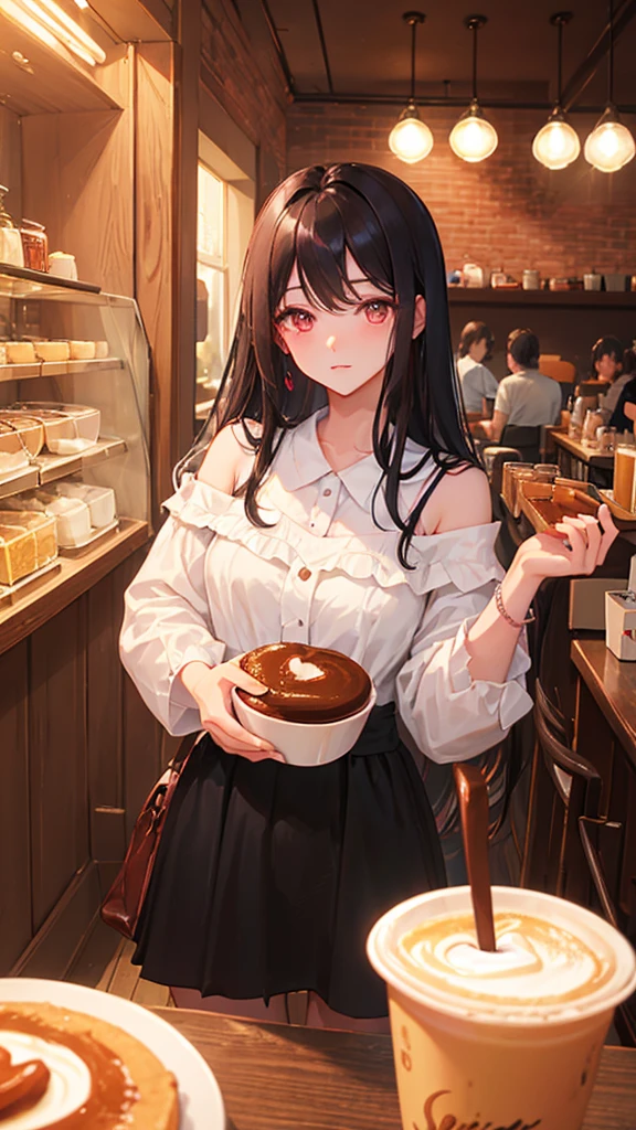 ((Highest quality)), ((masterpiece)), (detailed), Perfect Face、
Her long black hair flowed down to her shoulders.、Fair skin　Bangs　Eating pudding　Pink eyes　Coffee shop
