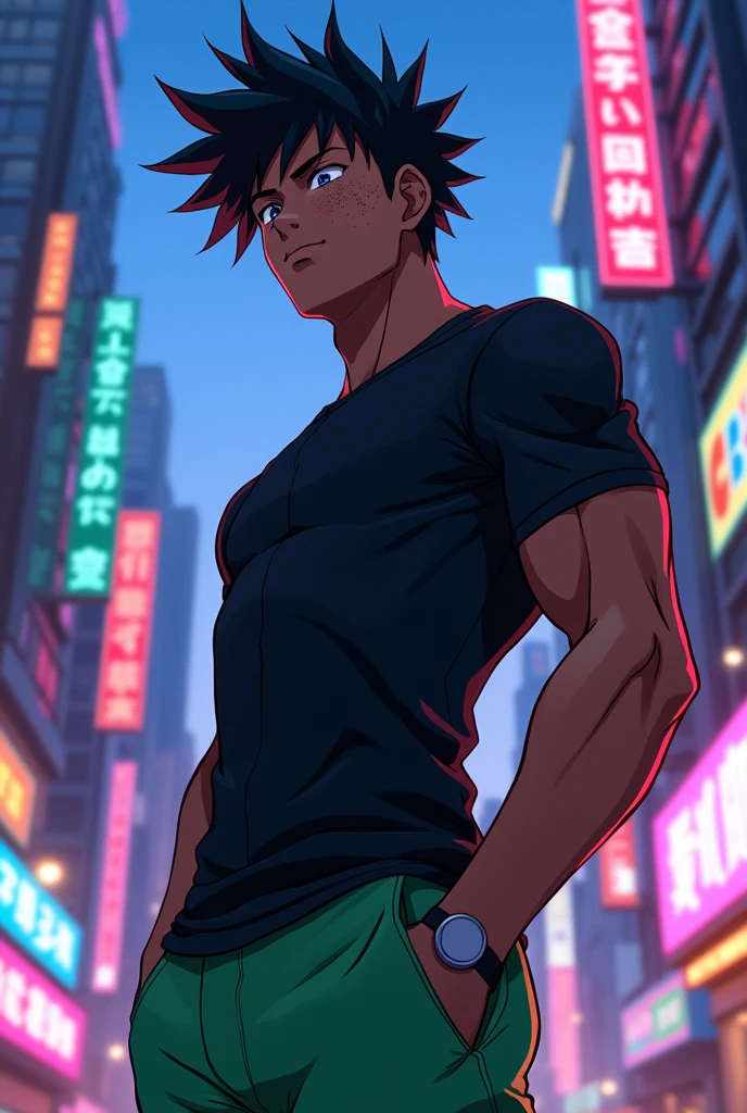 Black anime man, Cao Cao, with freckles on his face, black shirt and green shorts, male short low fade hair