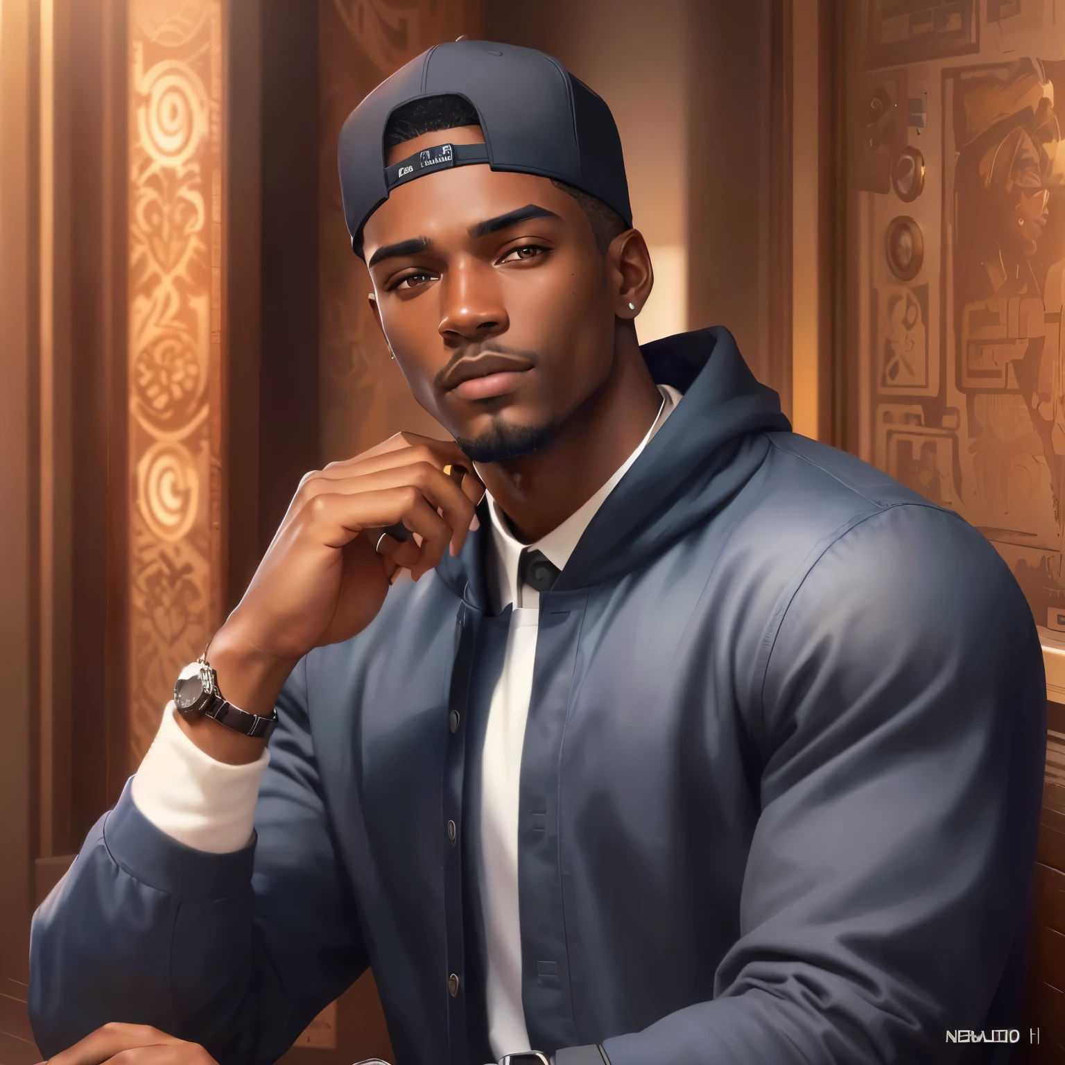 There is a dark-skinned man wearing a baseball cap and a watch., official character illustration, official fan art, detailed fanart, official fanart, detailed character portrait, detailed portrait, official illustration, officialwork art, nft portrait, portrait illustration epic, Fan art, high quality portrait, Official art, full art illustration, cover art illustration, trends on artstation, digital matte illustration