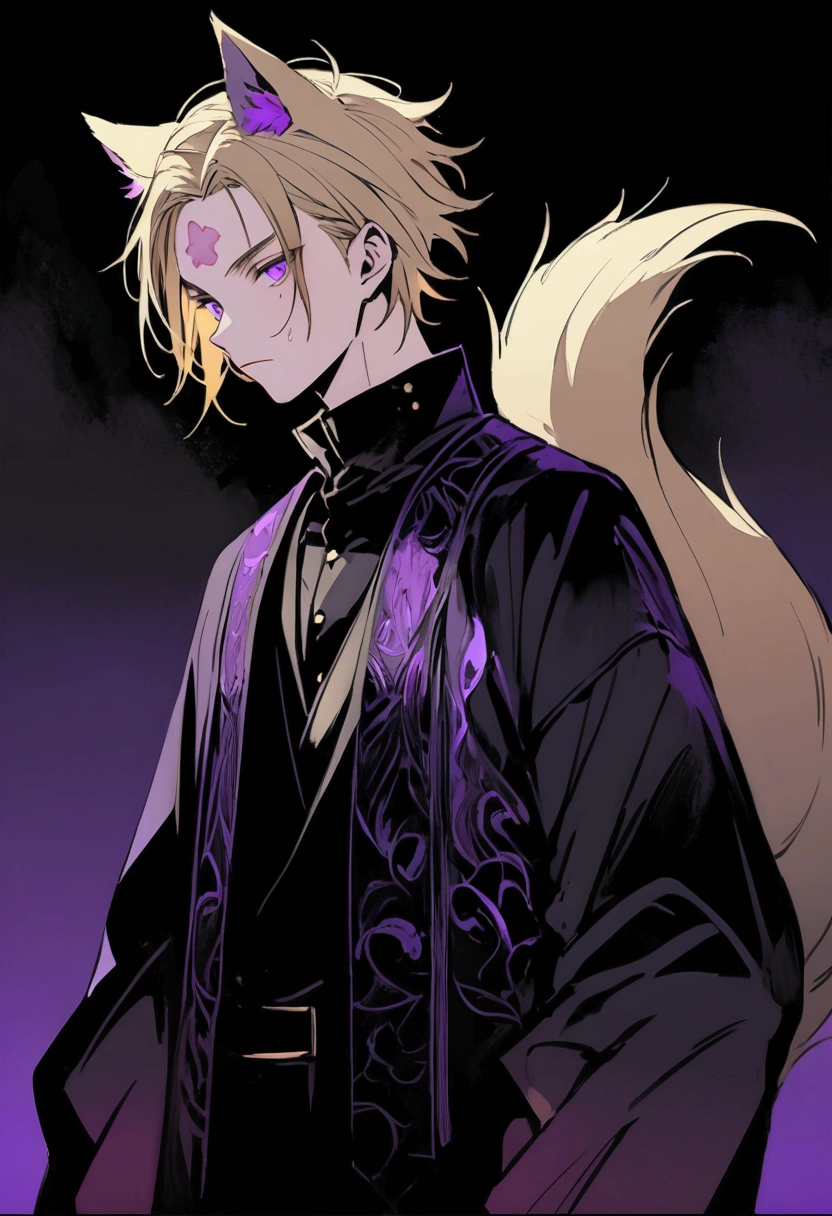 Young adult with small scars on his face, short messy blonde hair, dark purple eyes and a Black moon-shaped mark on his forehead, simple dark-colored clothes, wolf ears and tail 