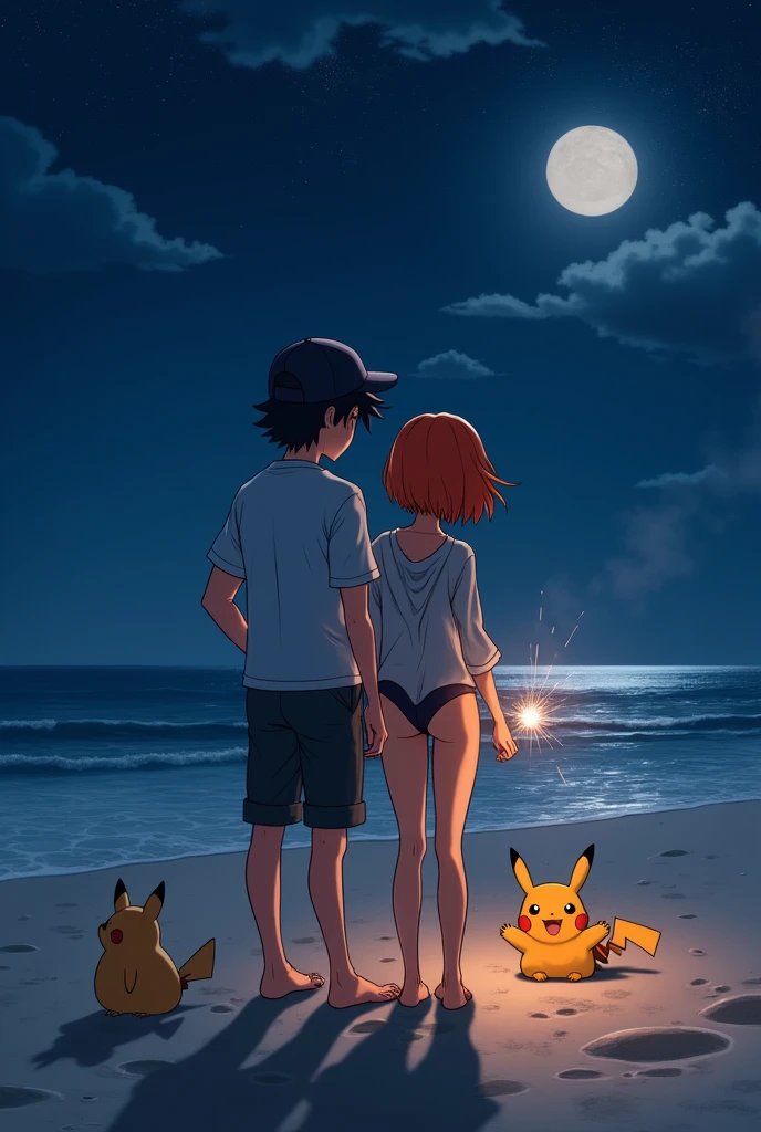 Draw a picture of Ash and Misty as adults on the beach at night holding fireworks as a couple.
Let her have her orange and short hair.
He has his black hair and a black cap.
Misty is wearing Ash's shirt over her shoulders.
Add Pikachu playing with Togepi.