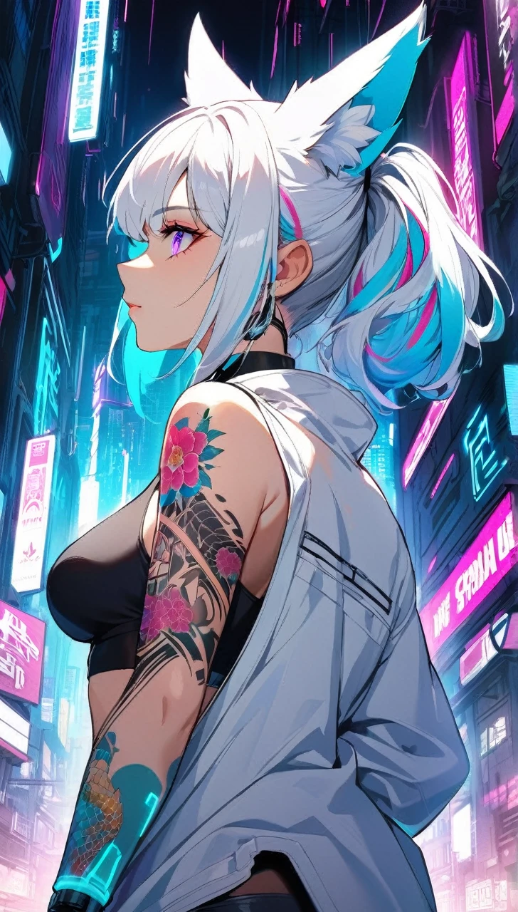 1woman, long white hair with pink and cyan tips,Muticolored hair, fox ears, purple eyes, wearing a white coat, wearing black pants, wearing white undershirt, tattoos on arms,  colorful koi tattoos, showing body, medium breasts, cyberpunk, profile picture perspective, neon, loose hair, waist up perspective