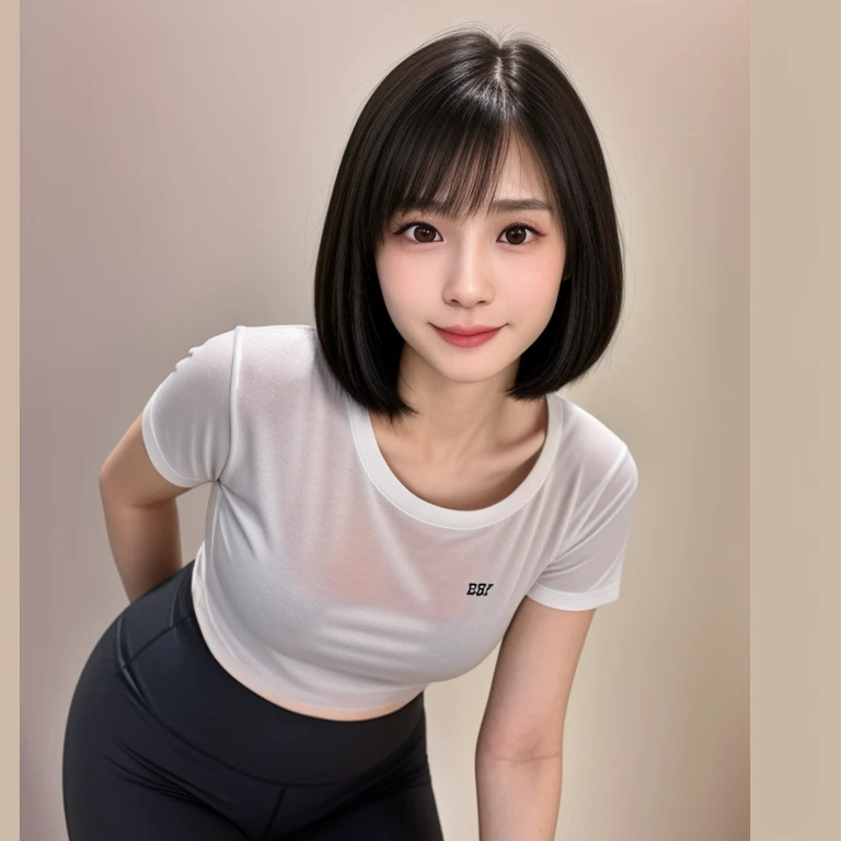 (kawaii 18 year-old Japanese girl, Nogizaka idol, Korean idol), healthy female athlete body, (glossy black hair, short hair, pixie cut, bangs:1.3), (rounded face, pure black eyes, single eyelid, no makeup, soft smile:1.2), (wearing training shirt, grey sports leggings:1.3), extra small breasts, (slim waist, thigh gap:0.9), BREAK, (plain white background:1.3), (looking at viewer, cowboy shot, thigh focus:1.2), view from above, BREAK, (masterpiece, best quality, photo realistic, official art:1.4), (UHD, 8K quality wallpaper, high resolution, raw photo, golden ratio:1.3), (shiny skin), professional lighting, physically based rendering, award winning, (highly detailed skin, extremely detailed face and eyes, anatomically correct body), Carl Zeiss 85 mm F/1.4, depth of field, 1girl, solo,