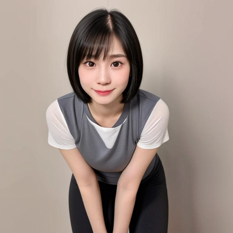 (kawaii 18 year-old Japanese girl, Nogizaka idol, Korean idol), healthy female athlete body, (glossy black hair, short hair, pixie cut, bangs:1.3), (rounded face, pure black eyes, single eyelid, no makeup, soft smile:1.2), (wearing training shirt, grey sports leggings:1.3), extra small breasts, (slim waist, thigh gap:0.9), BREAK, (plain white background:1.3), (looking at viewer, cowboy shot, thigh focus:1.2), view from above, BREAK, (masterpiece, best quality, photo realistic, official art:1.4), (UHD, 8K quality wallpaper, high resolution, raw photo, golden ratio:1.3), (shiny skin), professional lighting, physically based rendering, award winning, (highly detailed skin, extremely detailed face and eyes, anatomically correct body), Carl Zeiss 85 mm F/1.4, depth of field, 1girl, solo,