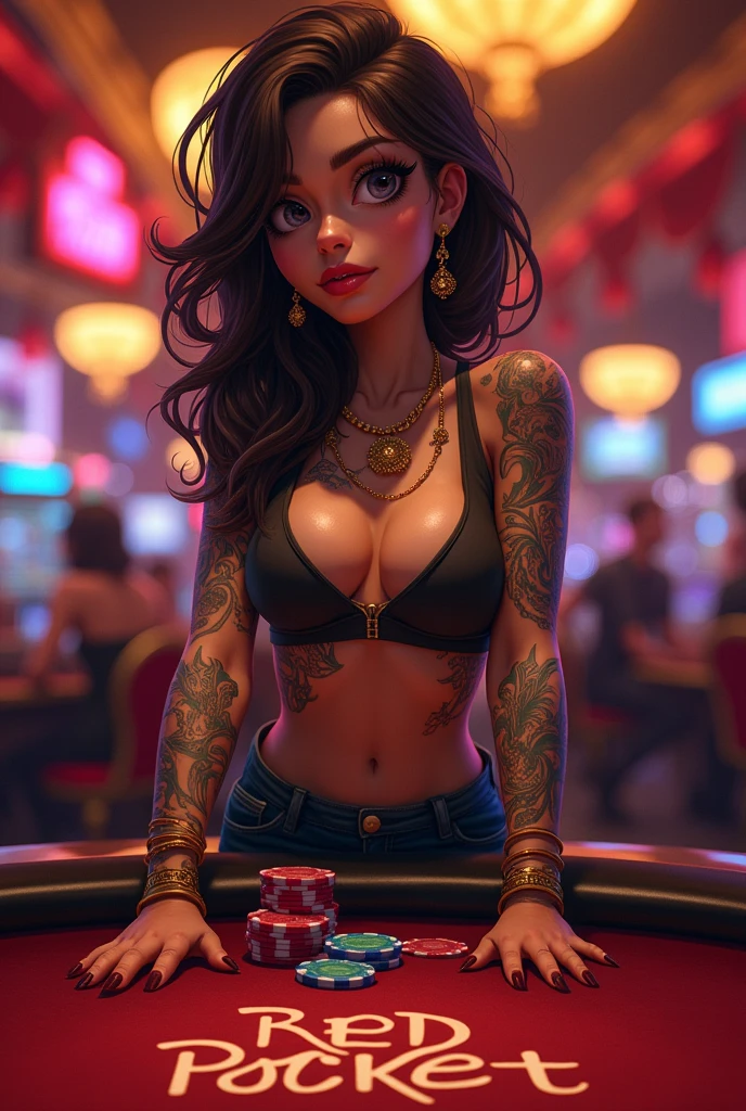 Animated brunette tattooed woman with the name "yes" playing casino Called " red pocket"