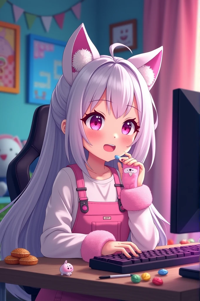 Anime geimer with pink cat glove very cute has white hair fair skin pink overalls with white