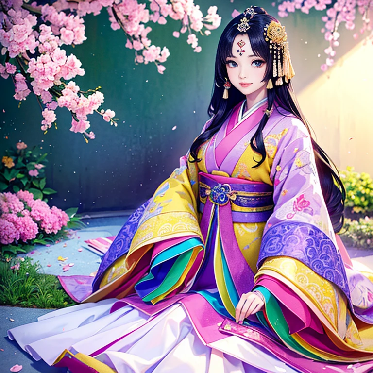 ( High resolution、 Super detailed、masterpiece、Highest quality、8k)、Heian period in Japan、(NHK Taiga Drama、To the Shining One)、Fujiwara Akiko、palace、The Empress of the Palace、Young beautiful woman、Beautiful Face、Beautiful Face、Pretty lips、(12 single coats、Light pink、Light purple、yellow、green、blue、red、White color、Colorful overlapping)、(Full Body Shot)、Long black hair、Jewel Ornament、background、garden、Colorful flowers、Vibrant colors、Detailed Anime、Detailed CG、