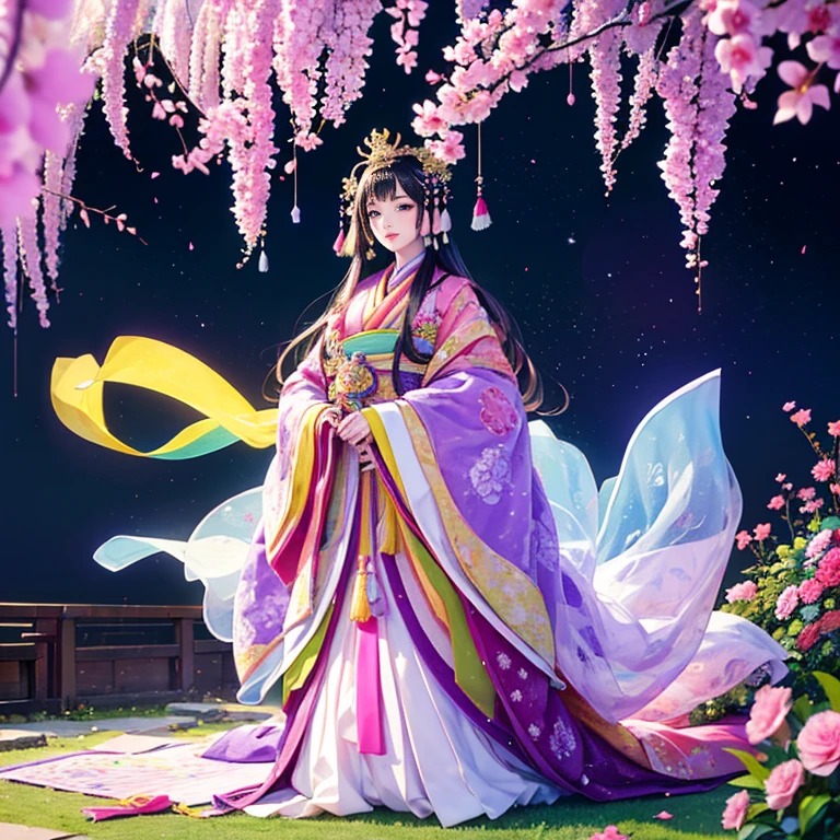( High resolution、 Super detailed、masterpiece、Highest quality、8k)、Heian period in Japan、(NHK Taiga Drama、To the Shining One)、Fujiwara Akiko、palace、The Empress of the Palace、Young beautiful woman、Beautiful Face、Beautiful Face、Pretty lips、(12 single coats、Light pink、Light purple、yellow、green、blue、red、White color、Colorful overlapping)、(Full Body Shot)、Long black hair、Jewel Ornament、background、garden、Colorful flowers、Vibrant colors、Detailed Anime、Detailed CG、