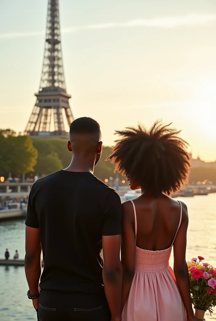 Illustration of a young adult black couple, in paris on the coast, facing the Eiffel Tower. Man with a black shirt and short taper fade haircut and a woman with a light pink short dress and voluminous curly hair to the shoulder. Her holding a colorful bouquet
Back view only