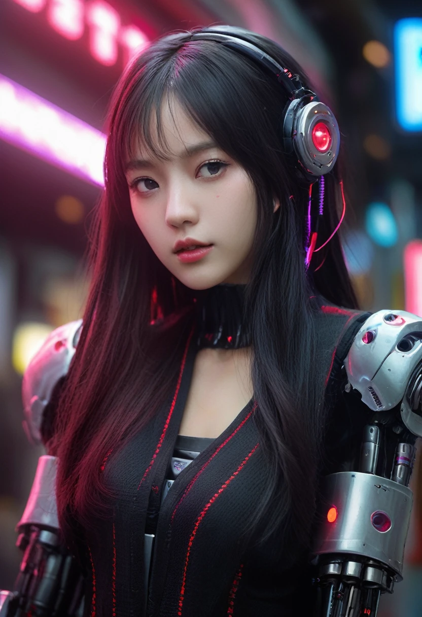 xxmixgirl. Highly detailed professional 35mm film, bokeh, face in sharp focus. A robotic female, Miku, with ((metal skin)), ((perfect Asian eyes)) with magenta irises and ((black pupils)), beautiful serious (detailed face), 18 year old ((photorealistic face)), very long magenta twin tails of magenta hair, twin black hair ties with a single red stripe. She may have a black audio headpiece. We can see her ((full body)) down to her boot soles. Her outfit is a sleeveless collared light grey shirt, outlined in red around the frilled collar and hems. Shiny reflective ((metallic breast cups, dimpleless)), invisible nipples. She wears black sleeves with red hems that start around her upper arm and bellow out as the sleeves open and extend to her wrists, with wide trumpet red rimmed cuffs. She has perfect robotic (detailed hands). She wears a red colored tie with two horizontal solid parallel black lines halfway across. She wears a fabric black skirt with a horizontal red hem at the bottom all the way around; her (((black skirt wraps around her))) and ((her skirt completely covers)) her robotic waist and thighs. Tall black boots with red bottom soles, a red rim around the top at her thighs. Her mechanical shoulder joints are visible. We can see her robotic legs and robotic neck. Half of her is covered with shiny polished machinery. The background is a distant dark neon futuristic Japanese city, gold, cyan, violet neon, near harbor or mountains.