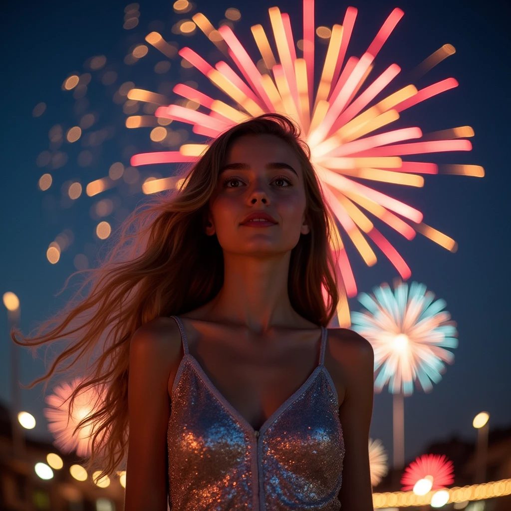 Many fireworks in eyes of young lady at night