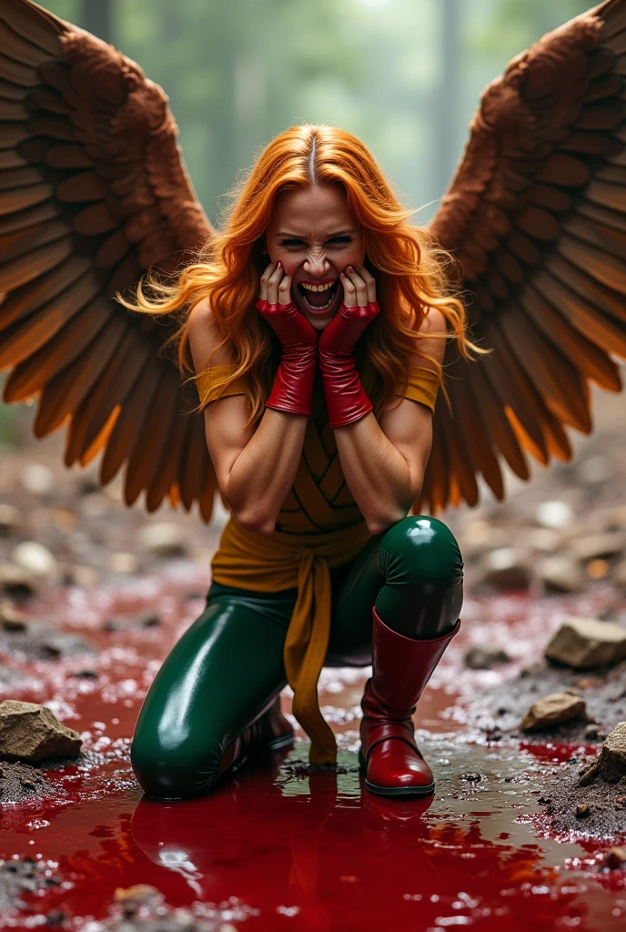 A beautiful woman Gaia Weiss under the mantle of the Thanagarian Warrior Shayera Holl aka Hawkgirl Long orange hair to her knees with her hands on her face screaming exhausted after a battle blood around her Yellow leather top harness with thick straps sticking out from her neck to her waist and green leather pants red boots and red gloves large brown wings reflection of her in the blood terrifying and bloody images two large wings sticking out of her back hawk-shaped helmet inside the blood Dc universe logo