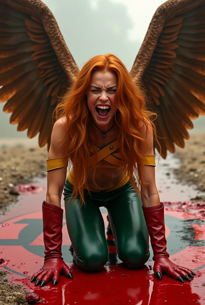 A beautiful woman Gaia Weiss under the mantle of the Thanagarian Warrior Shayera Holl aka Hawkgirl Long orange hair to her knees with her hands on her face screaming exhausted after a battle blood around her Yellow leather top harness with thick straps sticking out from her neck to her waist and green leather pants red boots and red gloves large brown wings reflection of her in the blood terrifying and bloody images two large wings sticking out of her back hawk-shaped helmet inside the blood Dc universe logo