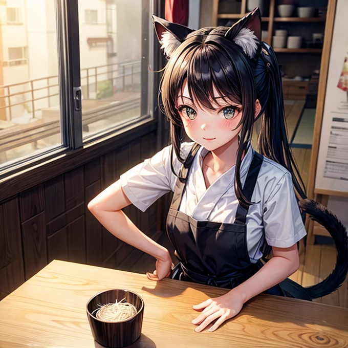 A girl with cat ears and a tail working at a soba noodle shop
