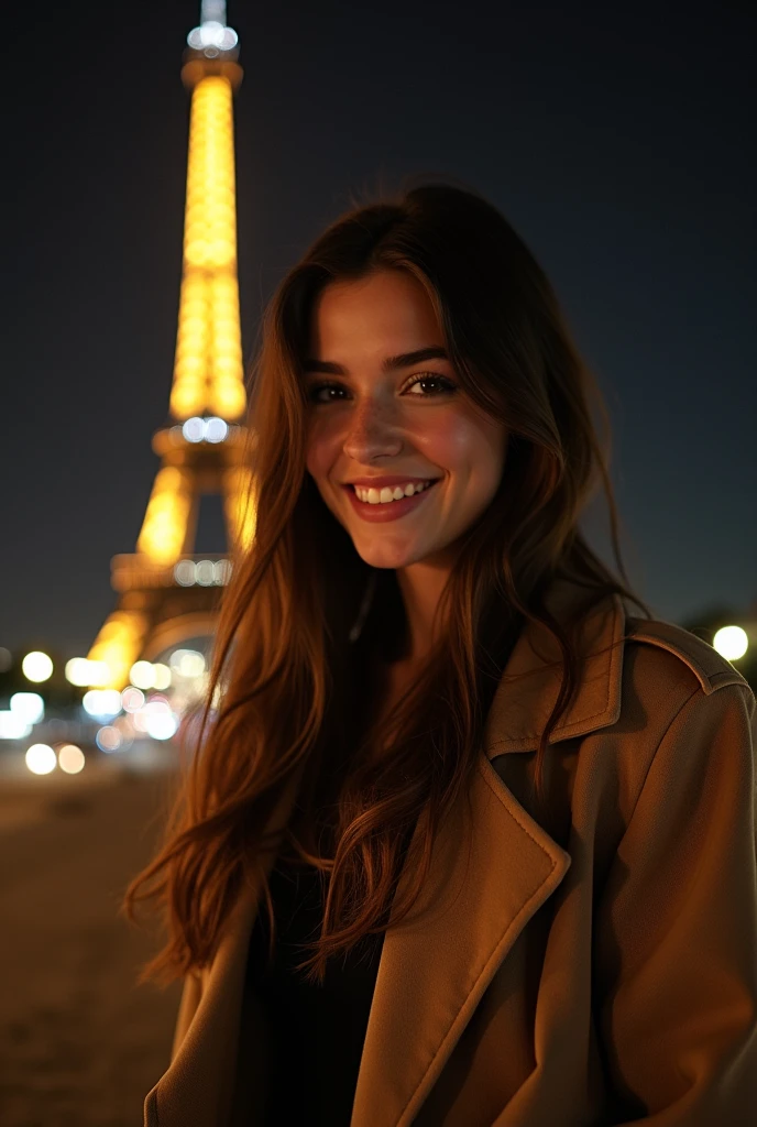 22 year old American woman with mixed skin, mostrando un cutis lightskin radiante. She is brunette with long straight hair that falls elegantly over her shoulders.. Su cara es'une grande beauté, avec des traits délicats et harmonieux. Elle arbore un sourire radieux et chaleureux qui illumine l'ensemble de son visage, highlighting her full lips and white teeth;une nuit debout devant la tour Eiffel, with the iconic and singularly presented monument in the background, ((with the model showing a full body view)), almond eyes, forma de cara ovalada, pommettes saillantes, and naturally wavy hair ,d'una altura de 170 cm, alta resolución, head of'obras de'arte, mejor calidad, intricate details, very detailed, acuité, detailed skin texture, détails des Yeux parfaits, profesión, resolución 4k, sonrisa encantandora, tourné avec Canon, depth of field, kodak vision color, extremely detailed, fotografía ultra realista, photo réaliste, Post tratamiento, maximum detail, parece, instagram model, make sure the entire body of the model is displayed