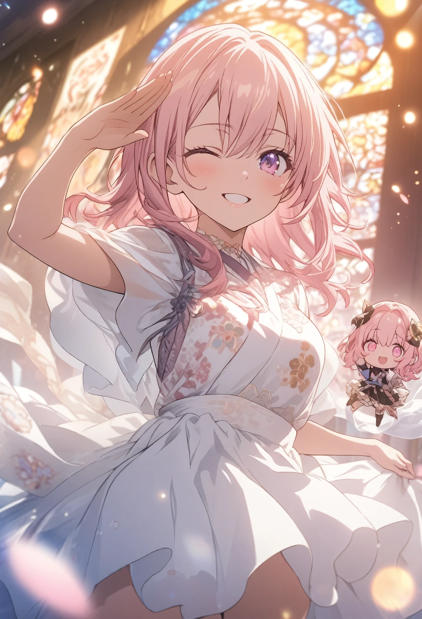 Twin girls, masterpiece, Highest quality, Highly detailed CG Unity 8K wallpapers, High Girl Anime Illustration, Costumes with Japanese patterns、salute、she has her eyes closed and mouth open, smile. Stained glass background, Pink Hair Color, Pink Eyes, Pink eyelashes, Cowboy Shot, morning, Bokeh, (Soft Focus):1.2, Out of focus highlights, Dreamy atmosphere, Fascinating Depth, chibi, Fantasy